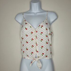 White red cherry polka dot print rockabilly pin up girlie tie front crop top M